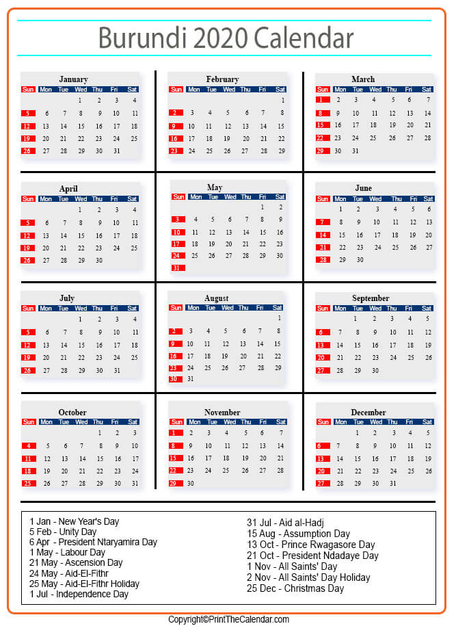 Burundi Calendar 2020